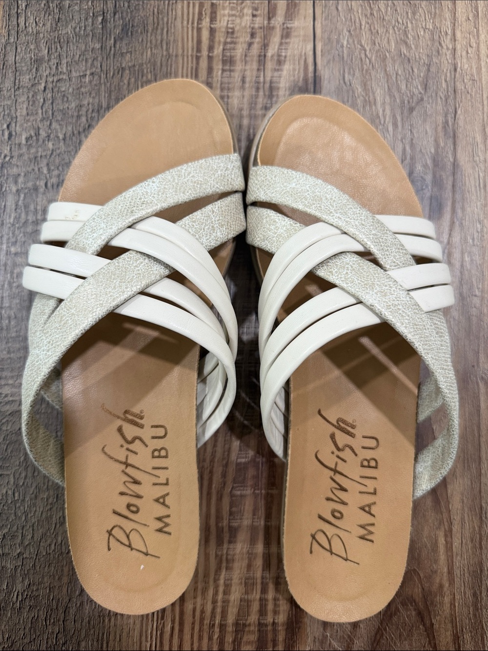 Blowfish Malibu Ivory and Tan Crisscross Slide Sandals